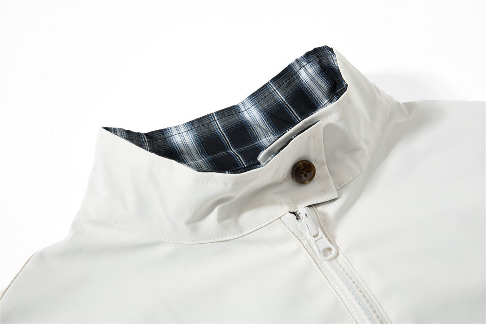 Plaid-Lined Cream Relaxed Bomber Jacket