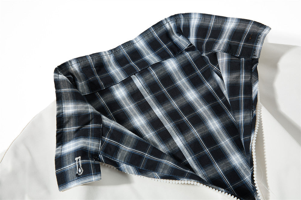 Plaid-Lined Cream Relaxed Bomber Jacket