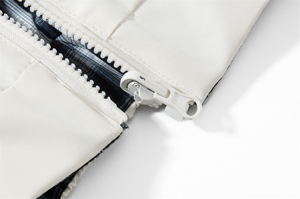 Plaid-Lined Cream Relaxed Bomber Jacket