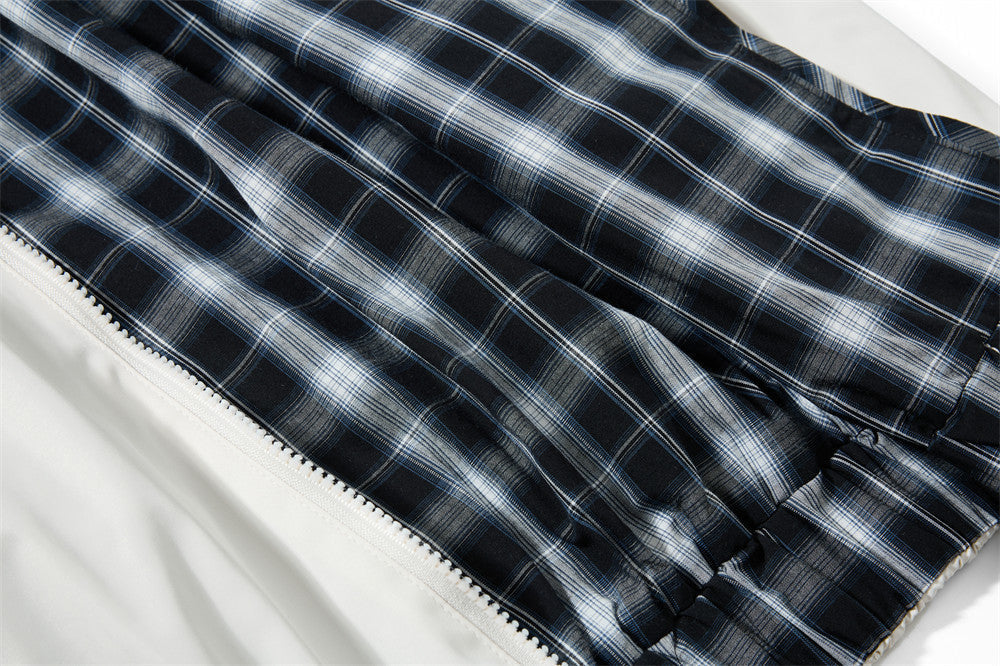 Plaid-Lined Cream Relaxed Bomber Jacket
