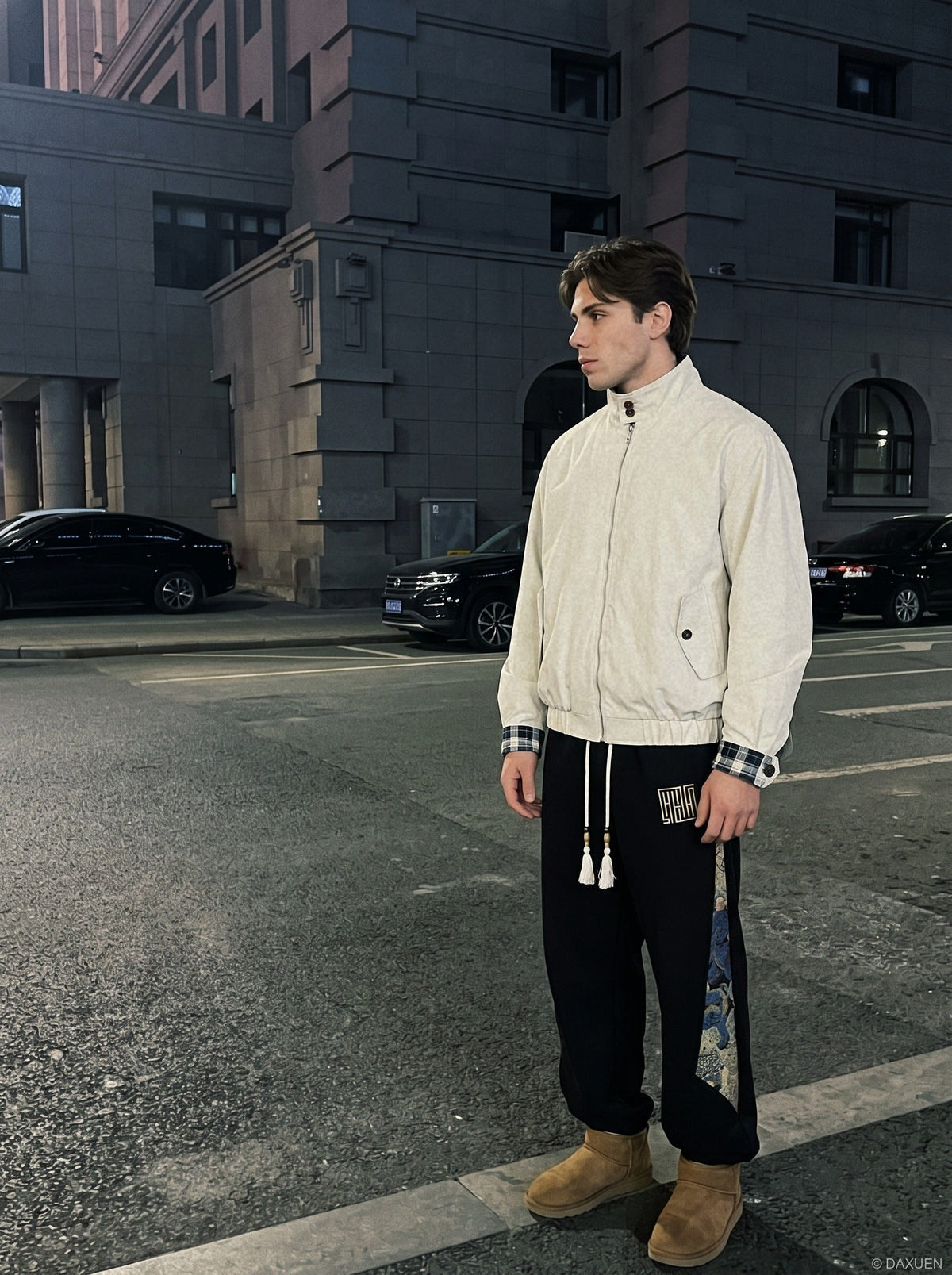 Plaid-Lined Cream Relaxed Bomber Jacket