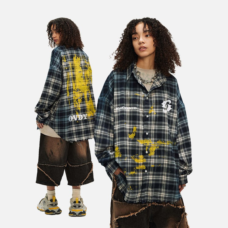 DAXUEN Oversized plaid button-up shirt with graphics