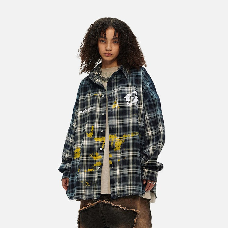 DAXUEN Oversized plaid button-up shirt with graphics — model photo