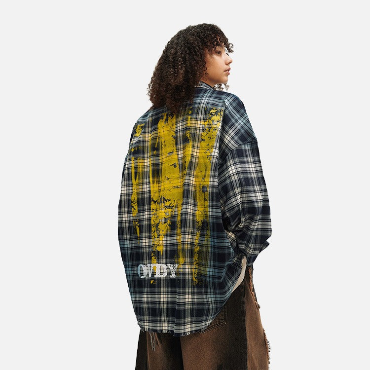 DAXUEN Oversized plaid button-up shirt with graphics — model photo
