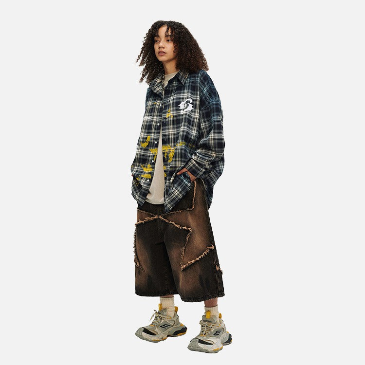 DAXUEN Oversized plaid button-up shirt with graphics — model photo