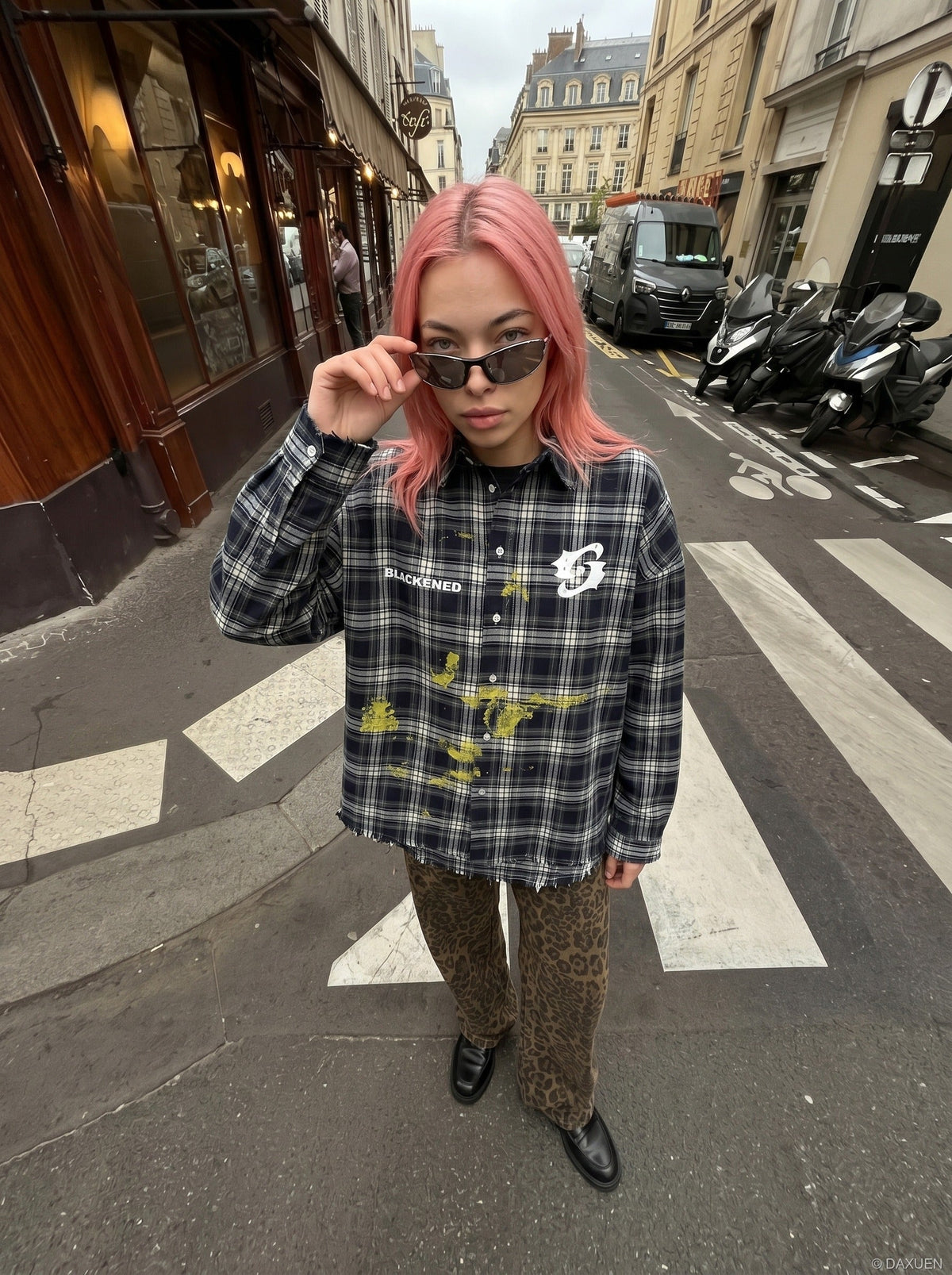 DAXUEN Oversized dark plaid button-up shirt with graphics
