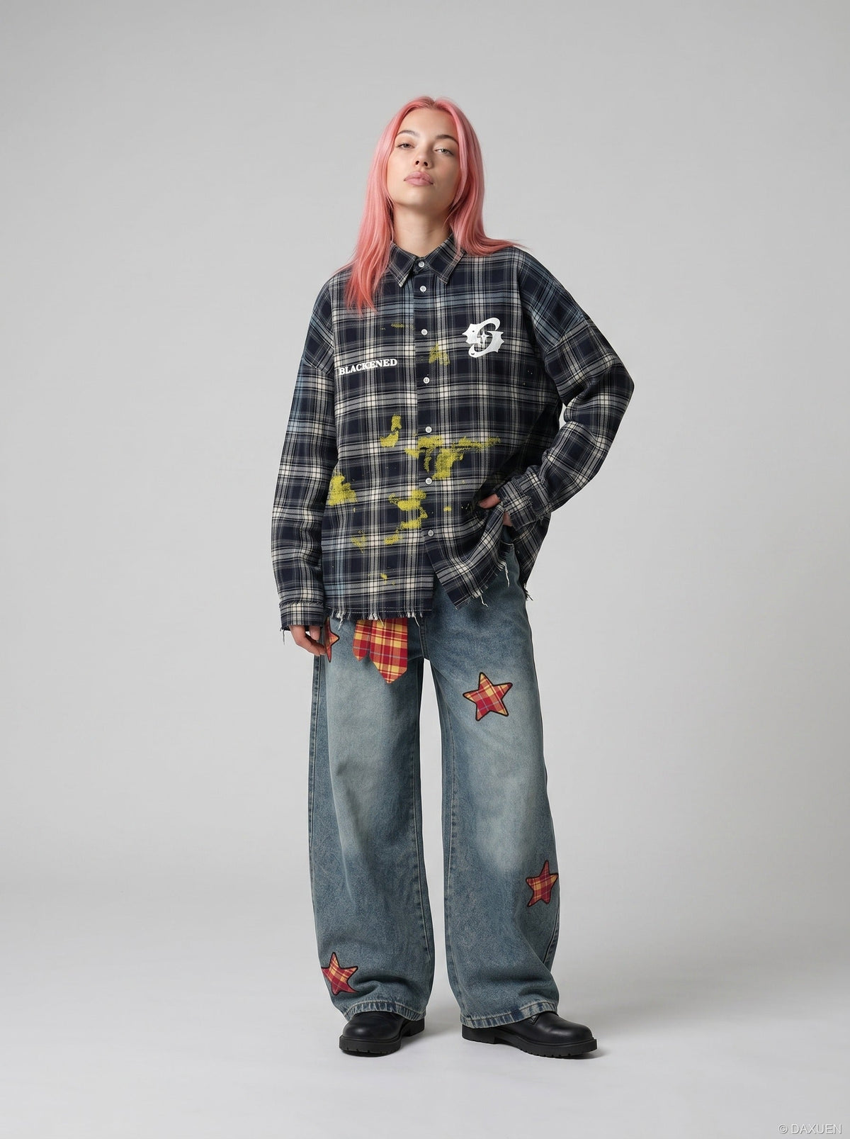 DAXUEN Oversized dark plaid button-up shirt with graphics — model photo