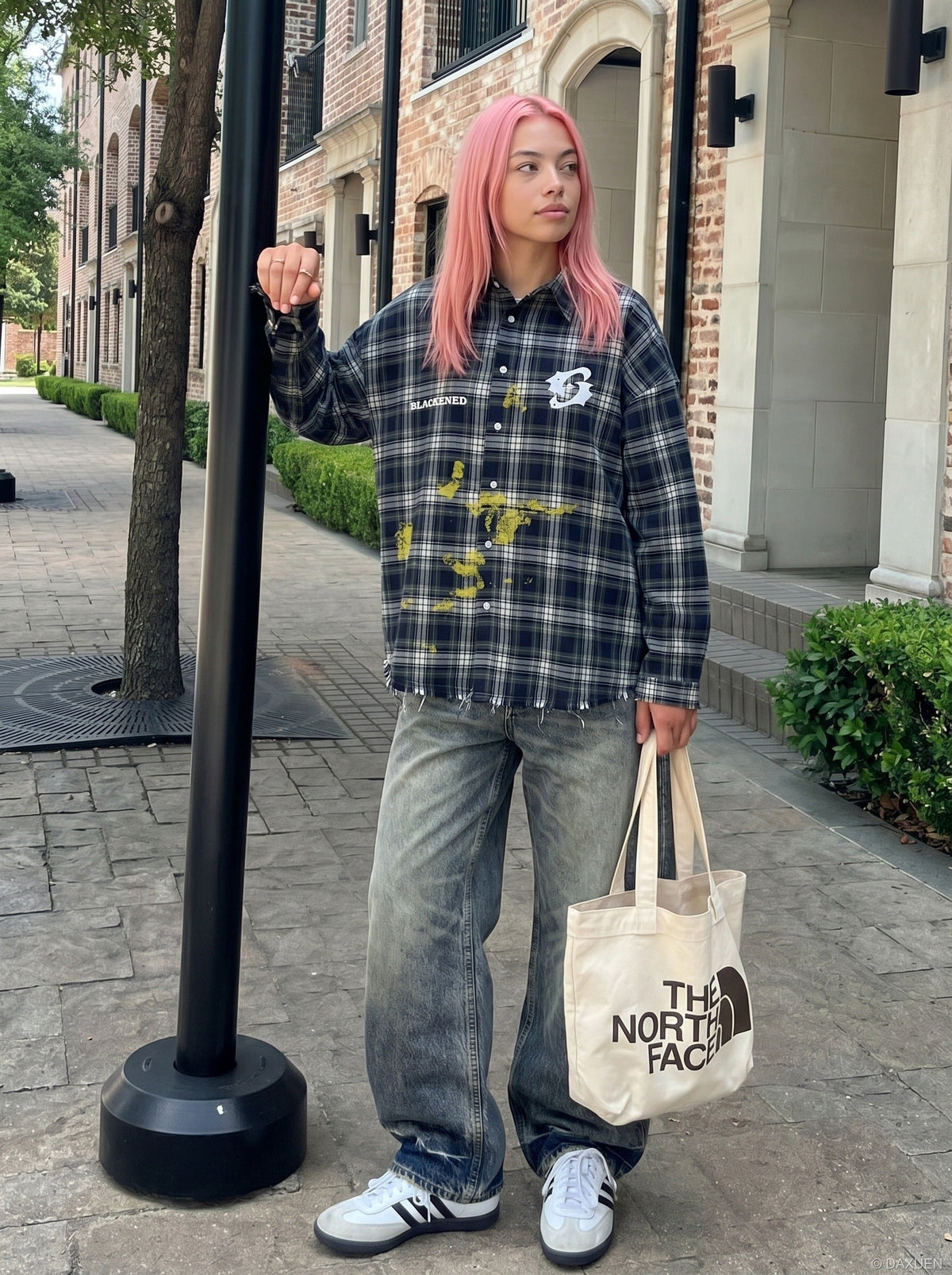 DAXUEN Oversized dark plaid button-up shirt with graphics
