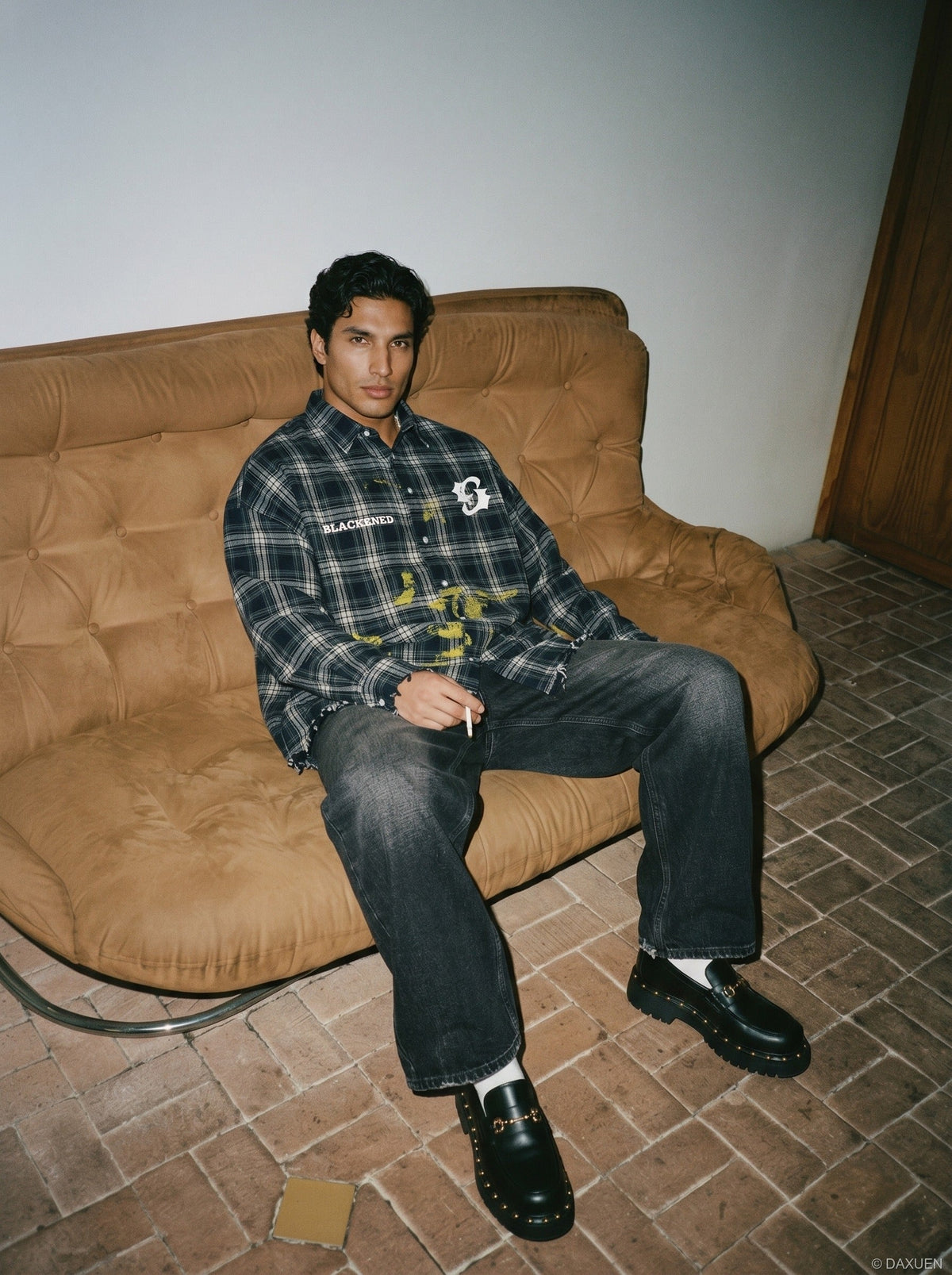 DAXUEN Oversized plaid button-up shirt with graphics — model photo