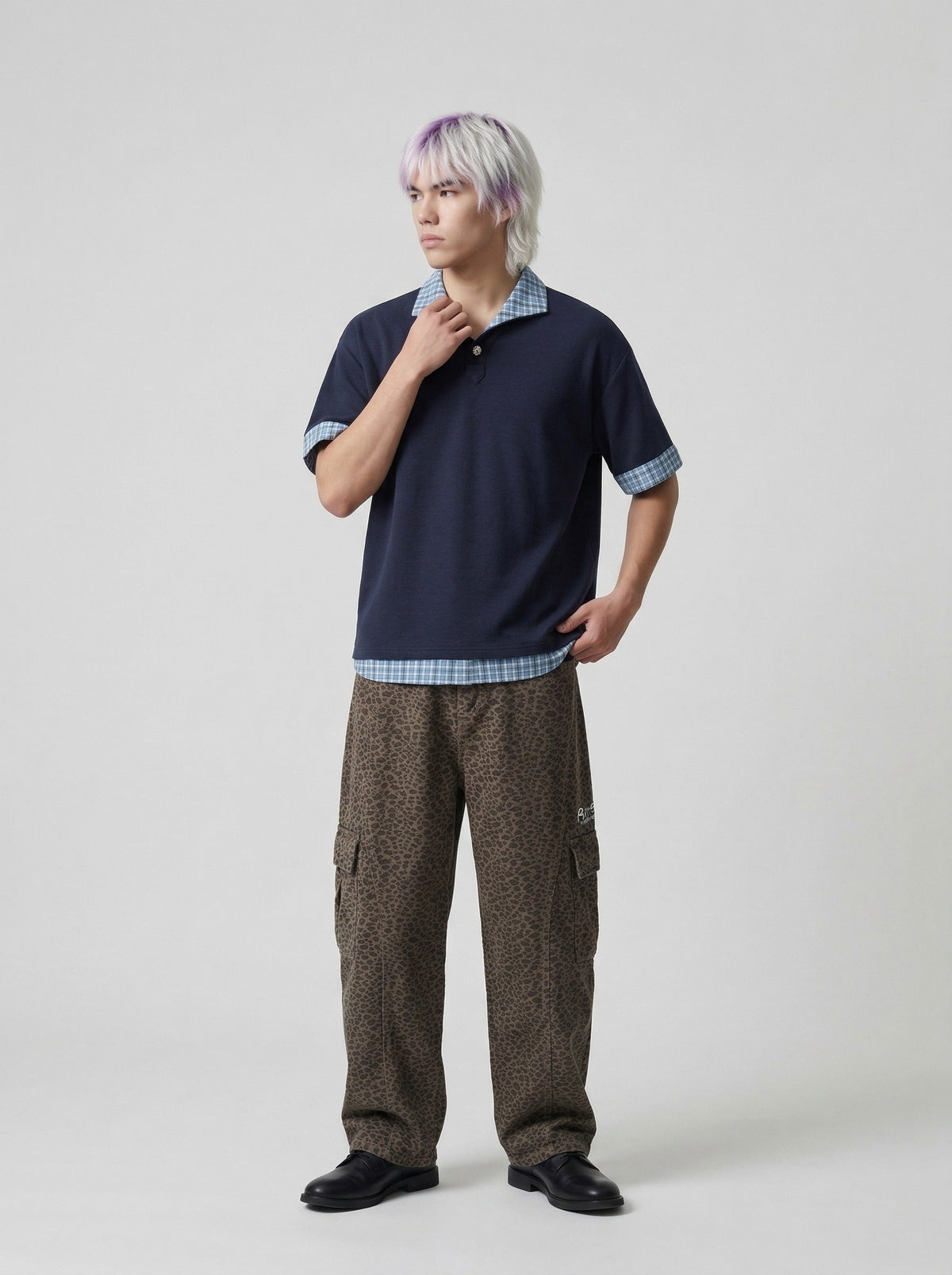 Plaid Patchwork Short-Sleeved Polo Shirt