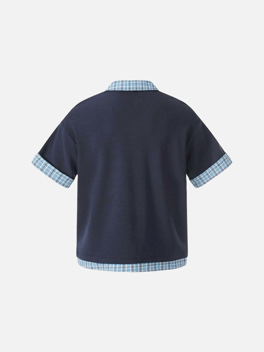 Plaid Patchwork Short-Sleeved Polo Shirt