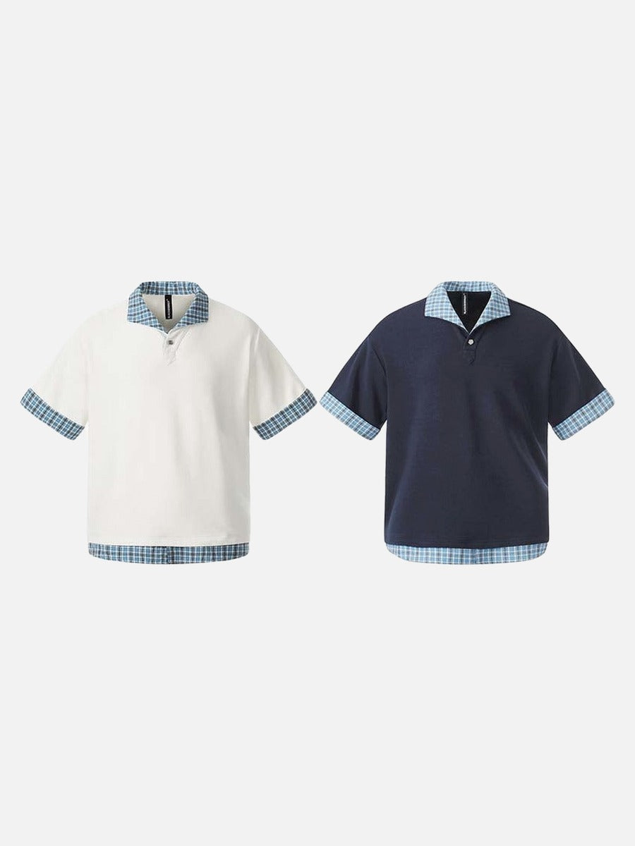 Plaid Patchwork Short-Sleeved Polo Shirt