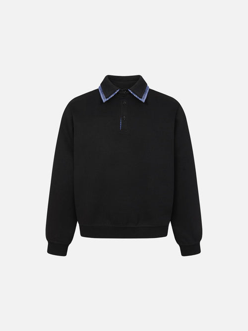 Plaid-Trim Long Sleeve Polo Sweatshirt - Black / M