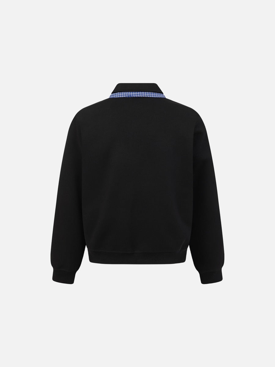 Plaid-Trim Long Sleeve Polo Sweatshirt