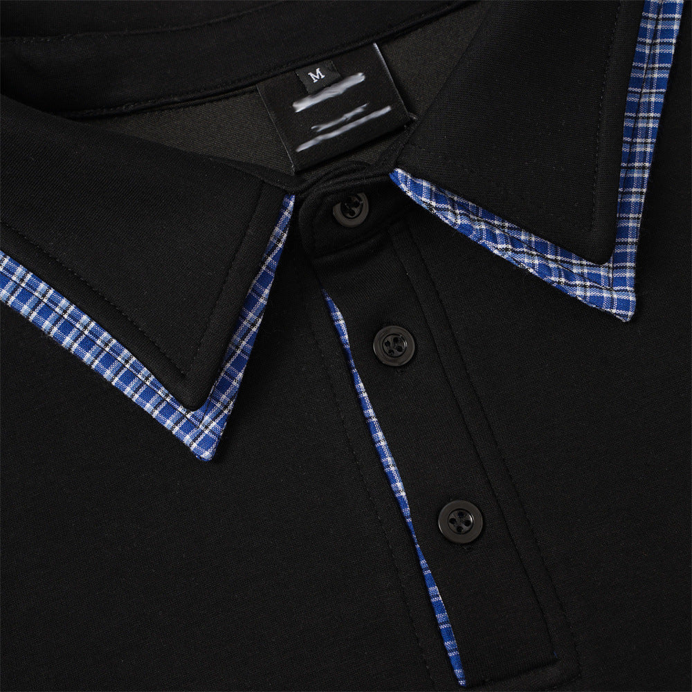 Plaid-Trim Long Sleeve Polo Sweatshirt
