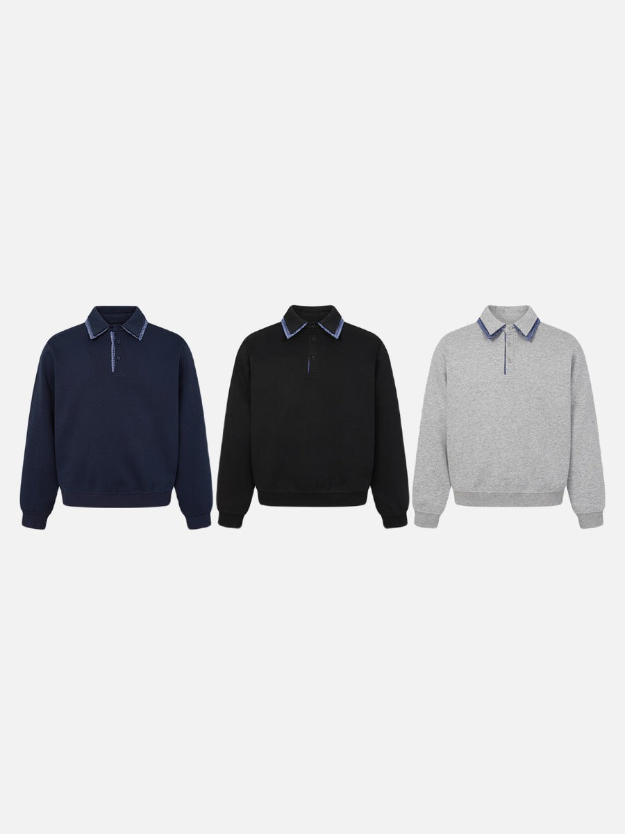 Plaid-Trim Long Sleeve Polo Sweatshirt