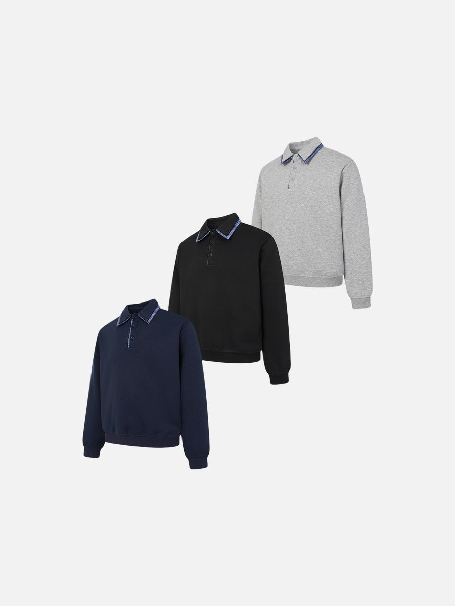 Plaid-Trim Long Sleeve Polo Sweatshirt