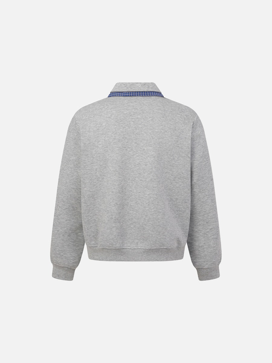 Plaid-Trim Long Sleeve Polo Sweatshirt