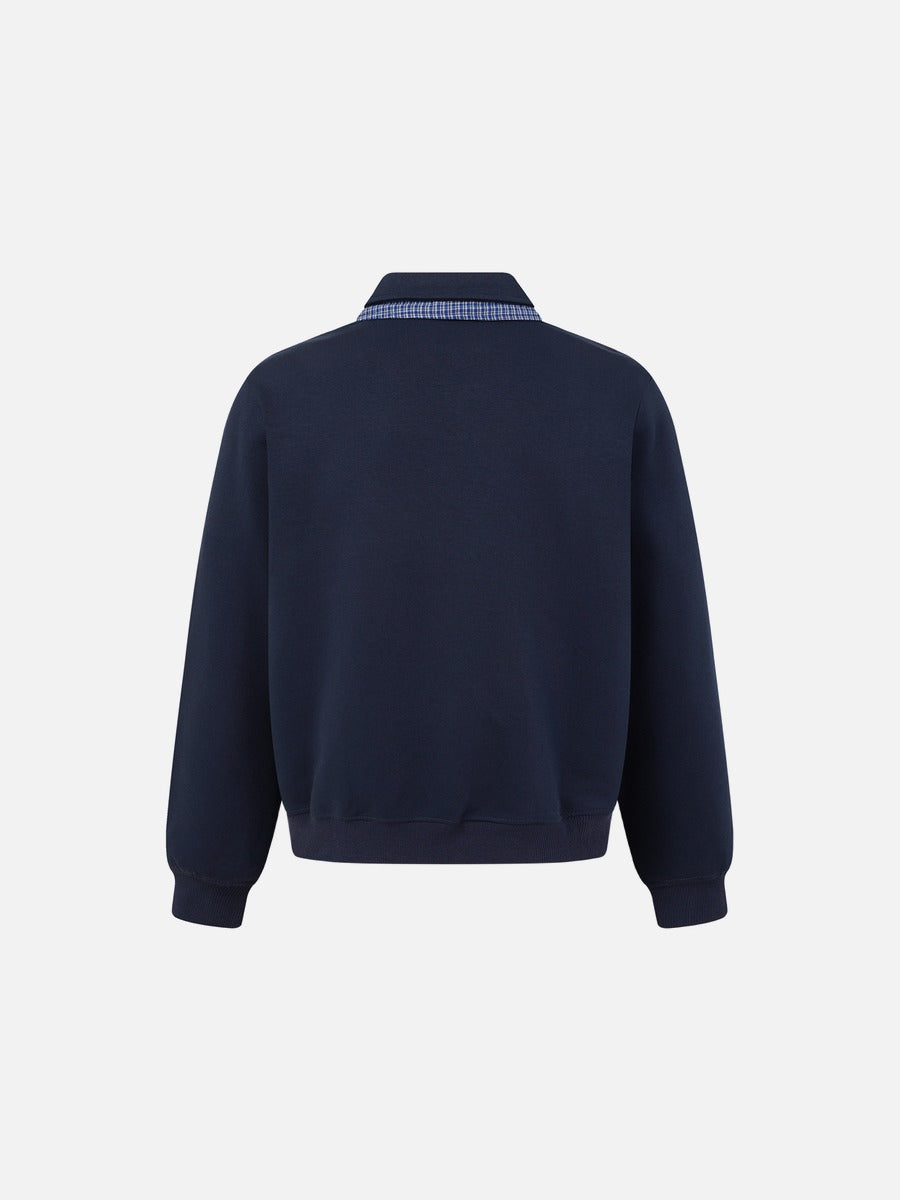 Plaid-Trim Long Sleeve Polo Sweatshirt