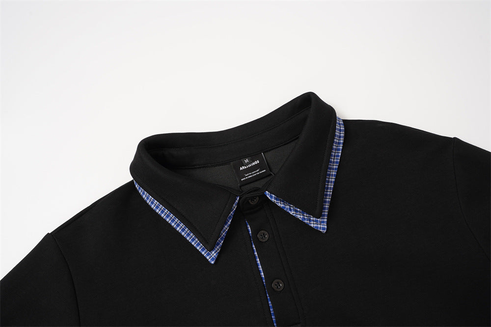 Plaid-Trim Long Sleeve Polo Sweatshirt