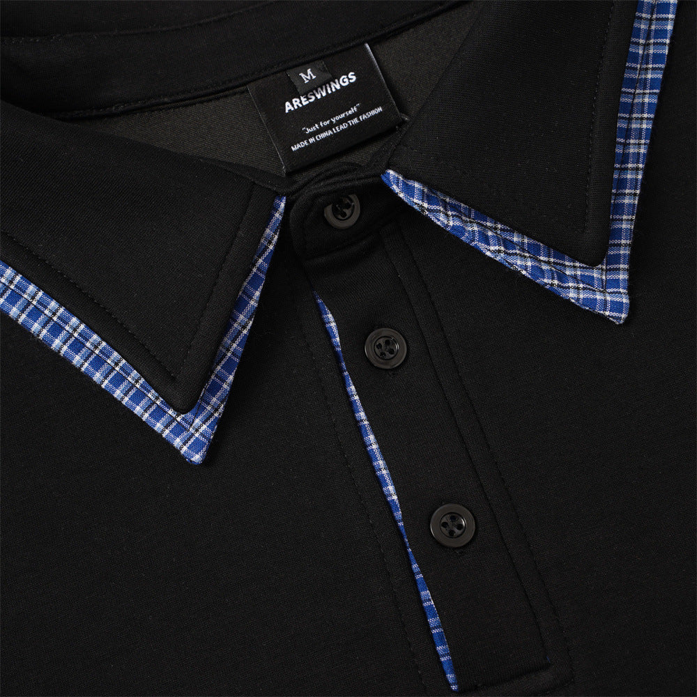 Plaid-Trim Long Sleeve Polo Sweatshirt