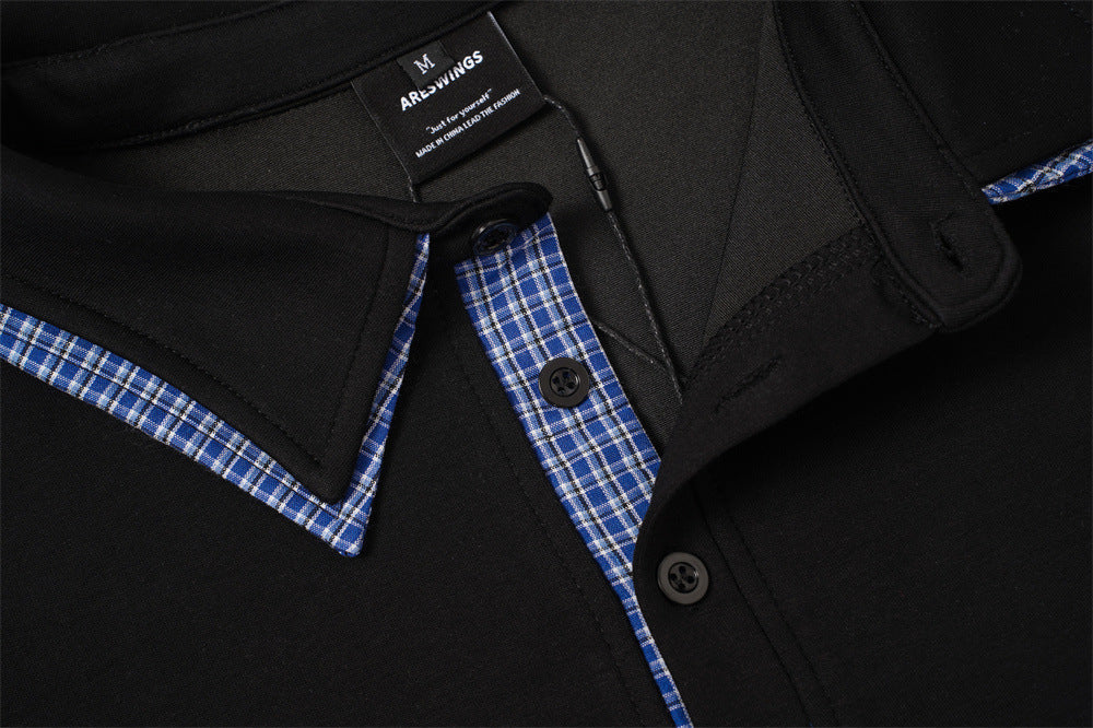 Plaid-Trim Long Sleeve Polo Sweatshirt
