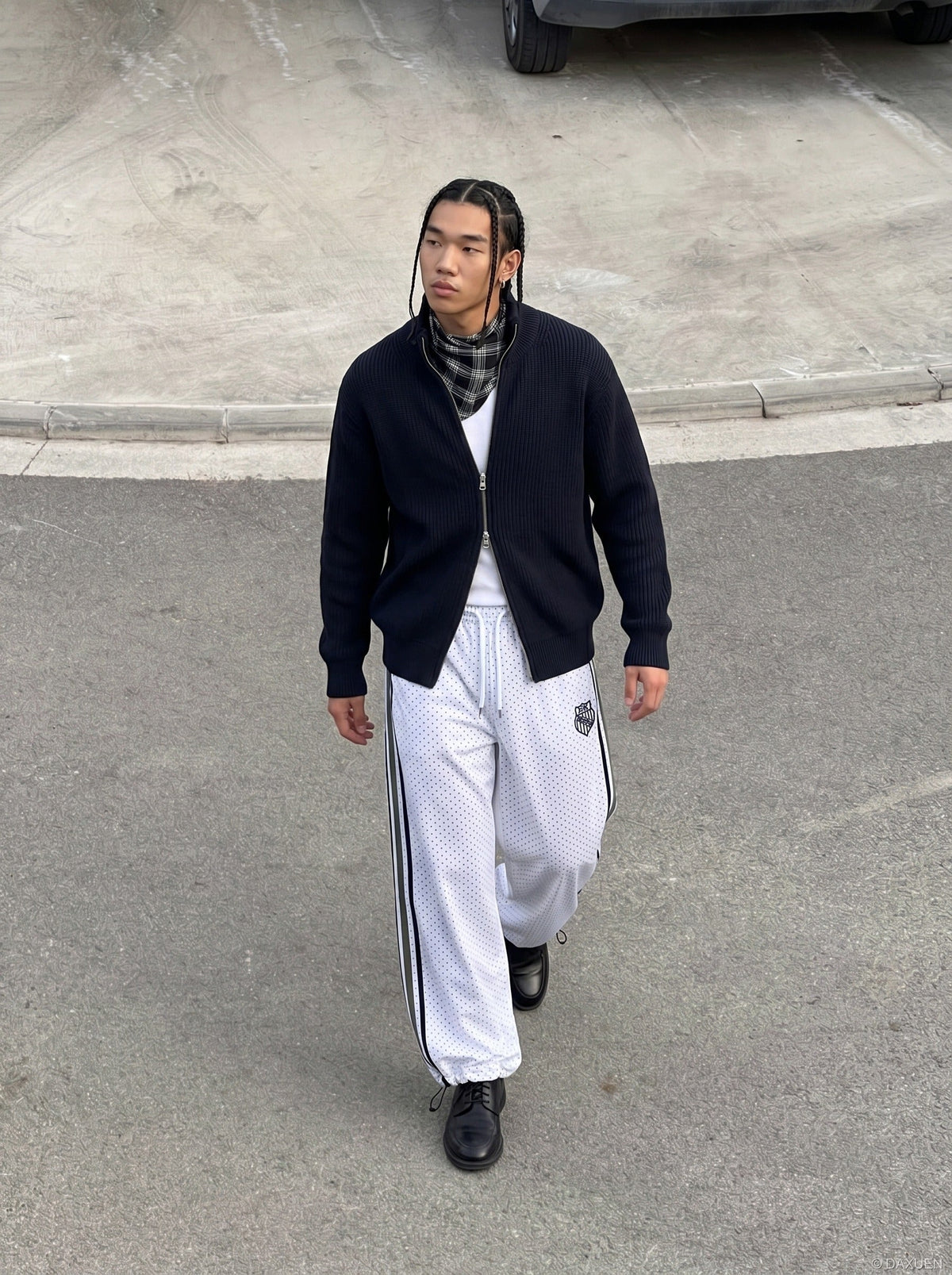DAXUEN Wide leg polka dot trousers with stripes — model photo