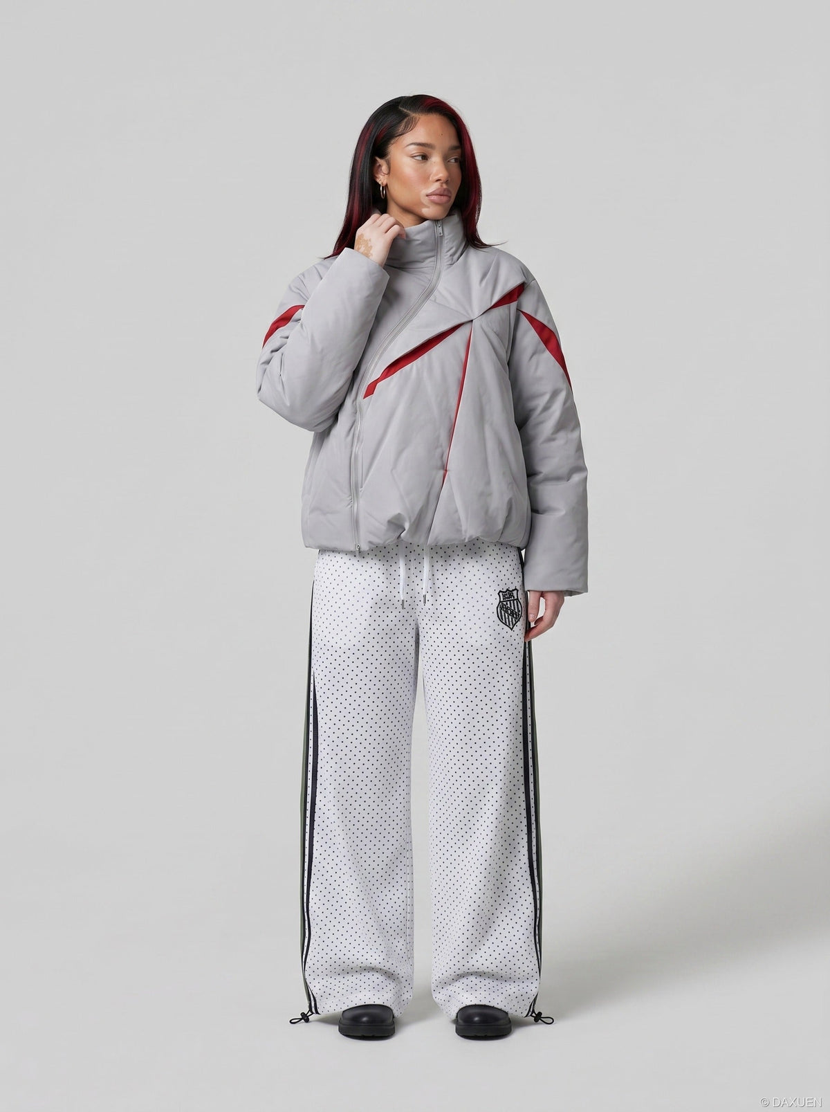 DAXUEN Wide leg polka dot trousers with stripes — model photo