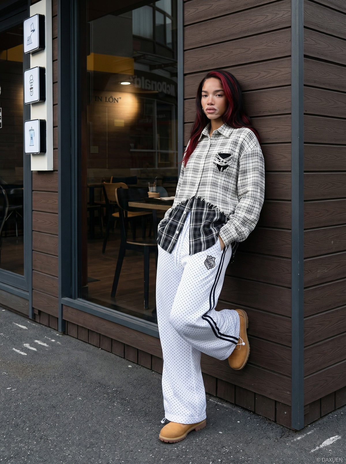 DAXUEN Wide leg polka dot trousers with stripes — model photo