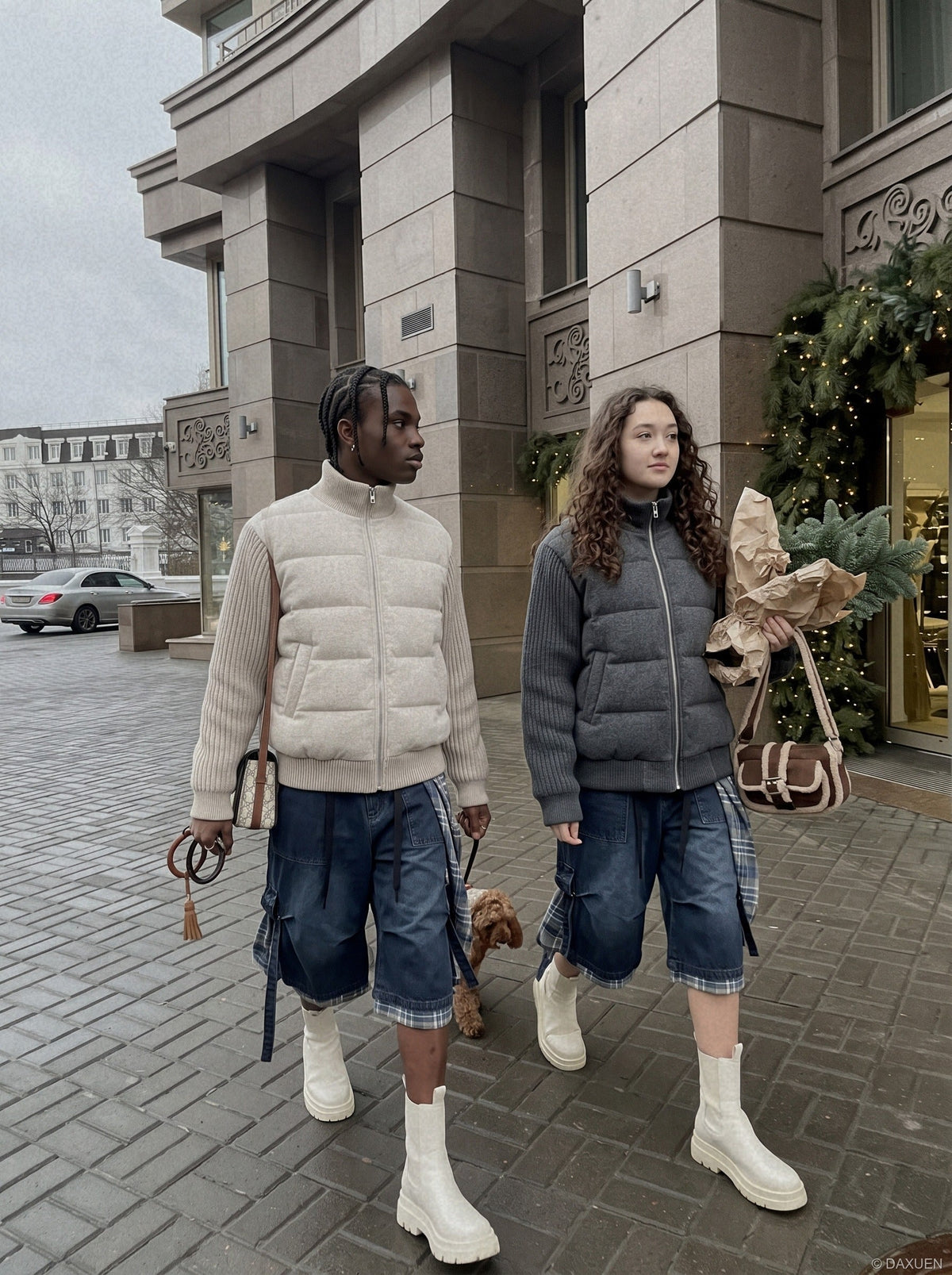 Quilted Beige and Charcoal Puffer Jacket