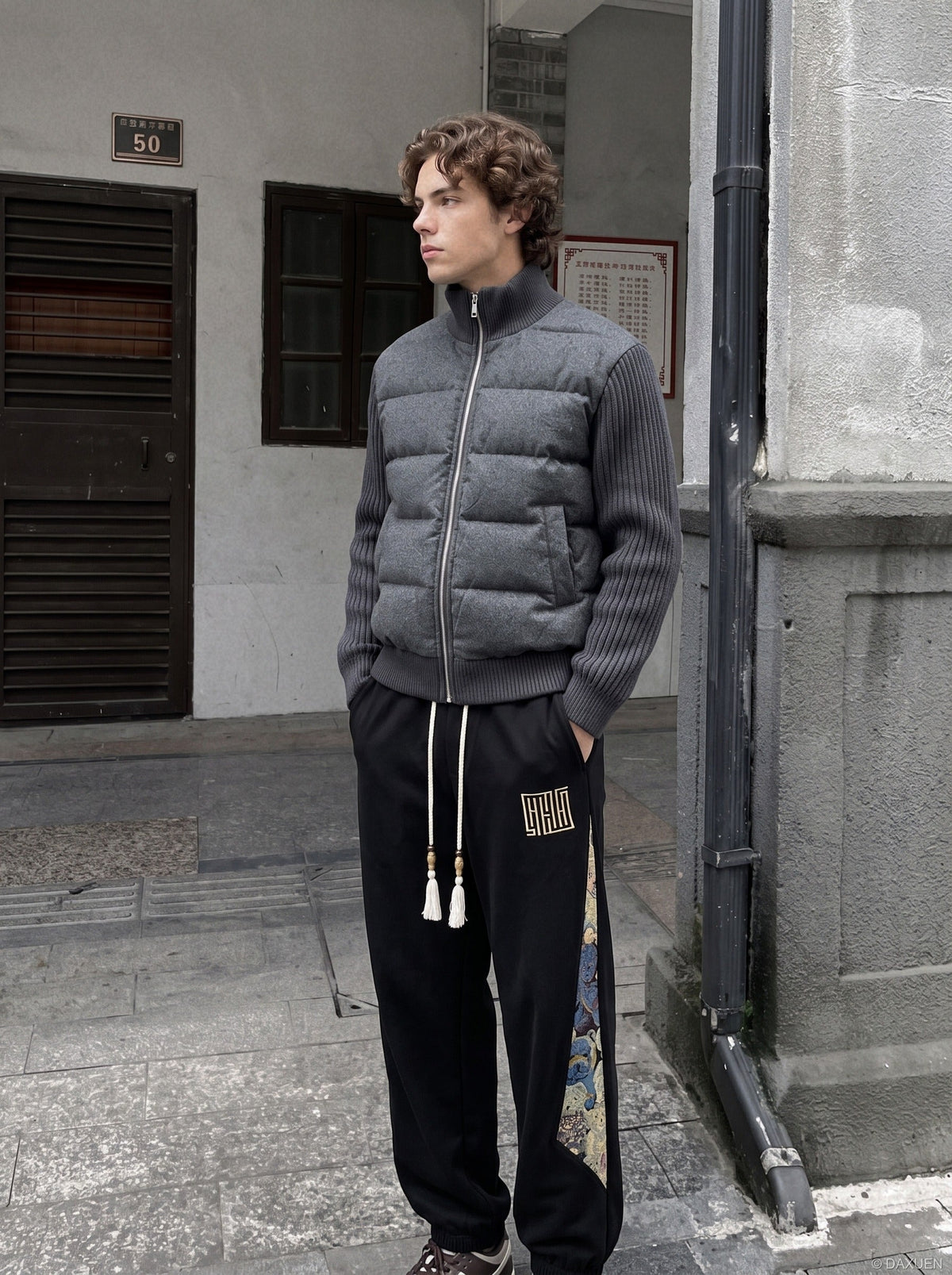 Quilted Beige and Charcoal Puffer Jacket