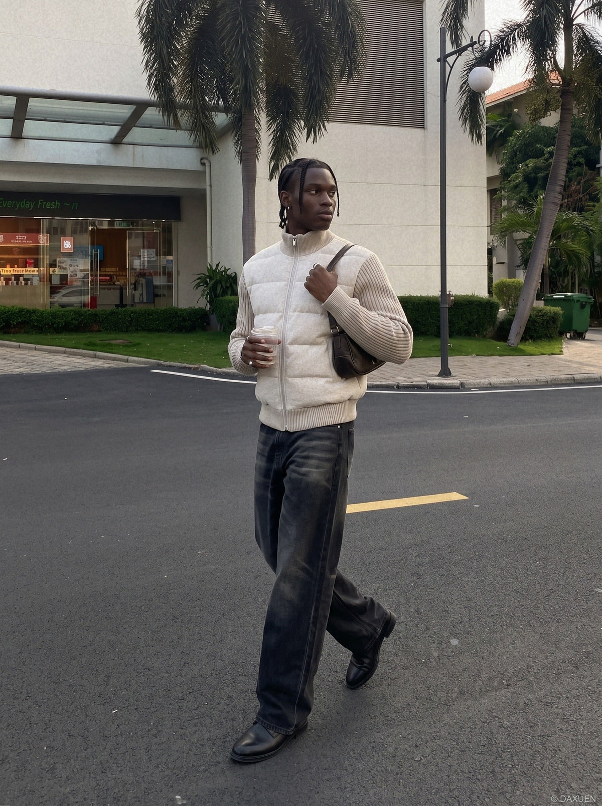 Quilted Beige and Charcoal Puffer Jacket