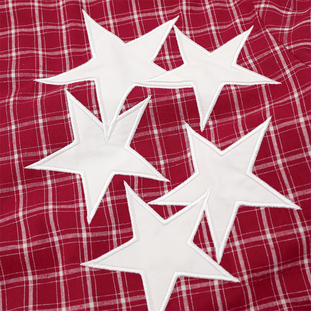 Red and Black Plaid Button-Up Shirt with Stars