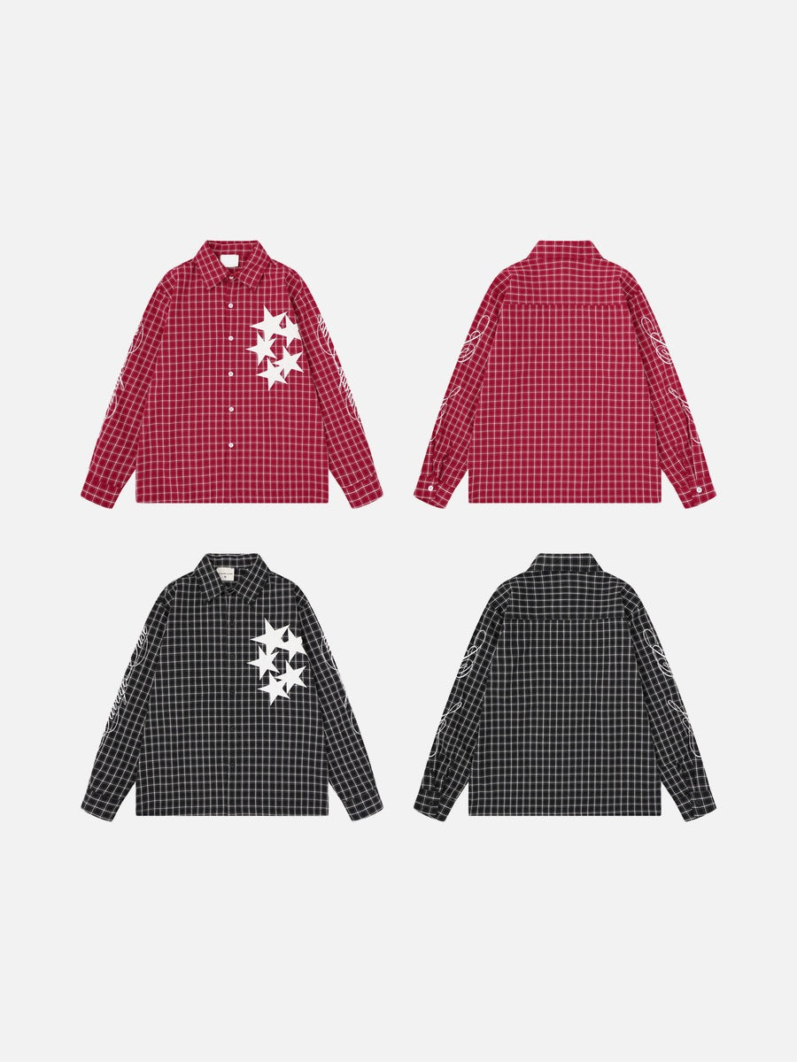 Red and Black Plaid Button-Up Shirt with Stars
