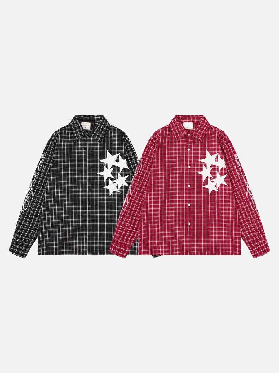 Red and Black Plaid Button-Up Shirt with Stars