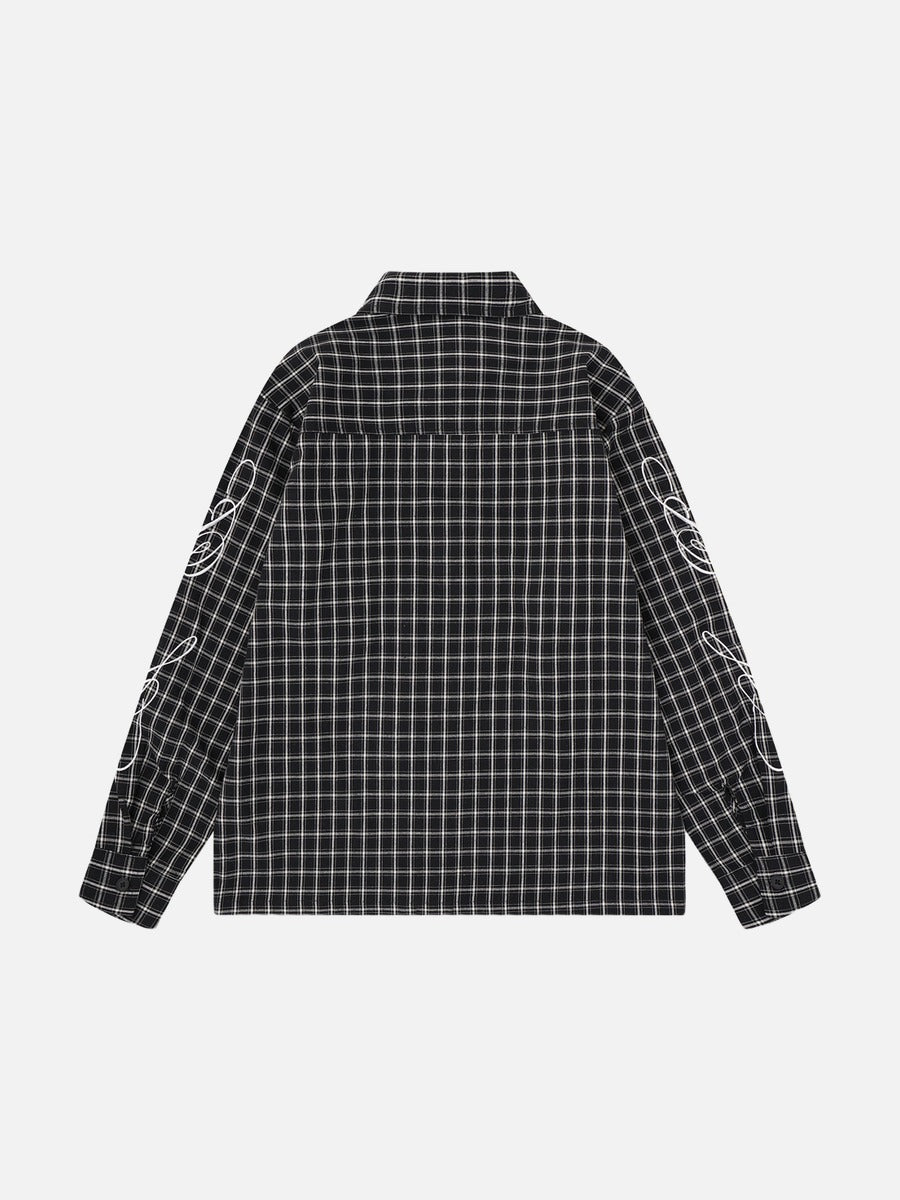 Red and Black Plaid Button-Up Shirt with Stars