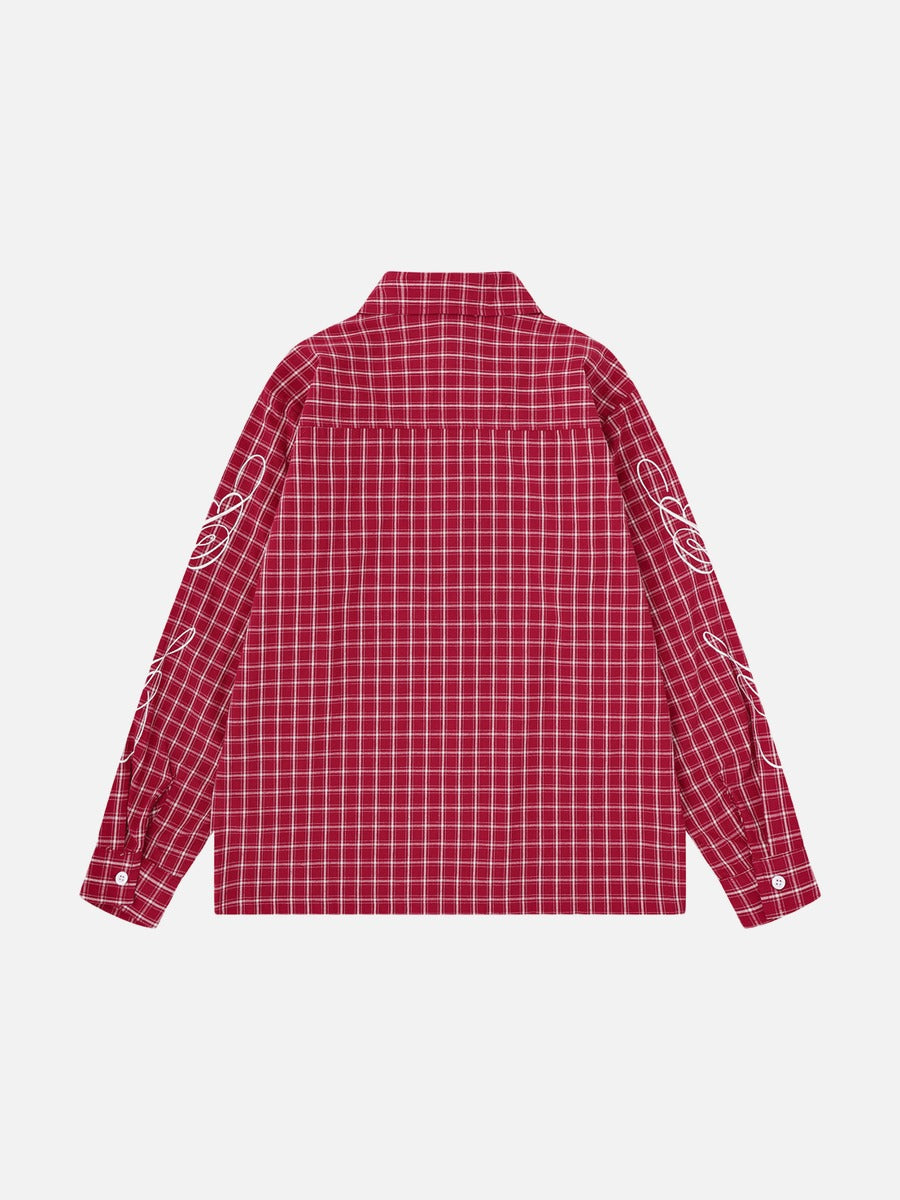 Red and Black Plaid Button-Up Shirt with Stars
