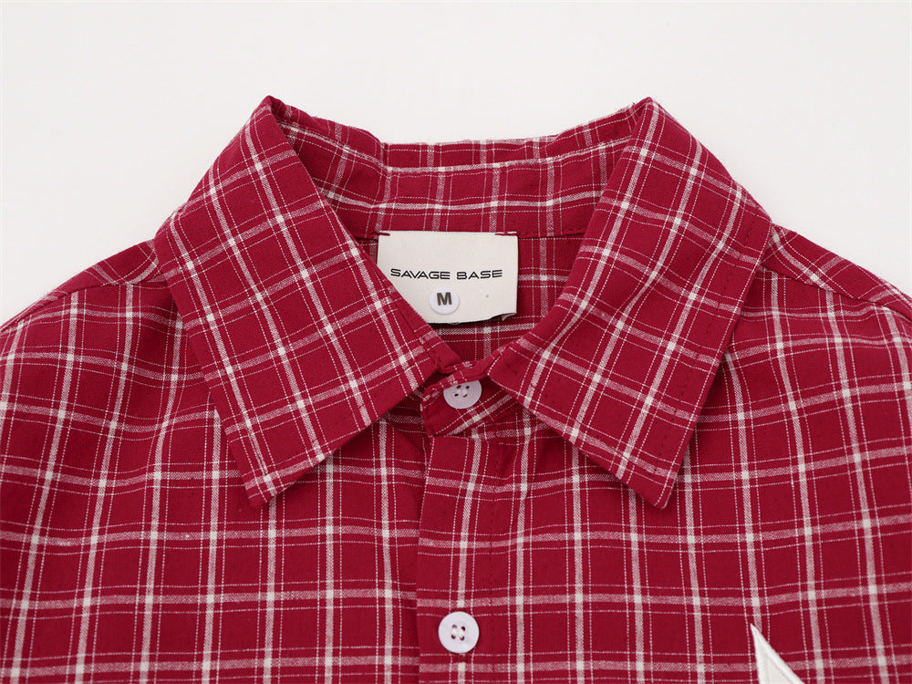 Red and Black Plaid Button-Up Shirt with Stars