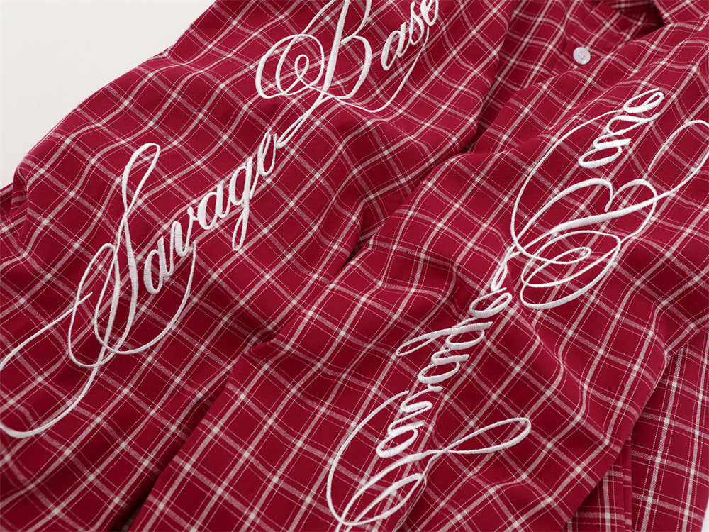 Red and Black Plaid Button-Up Shirt with Stars