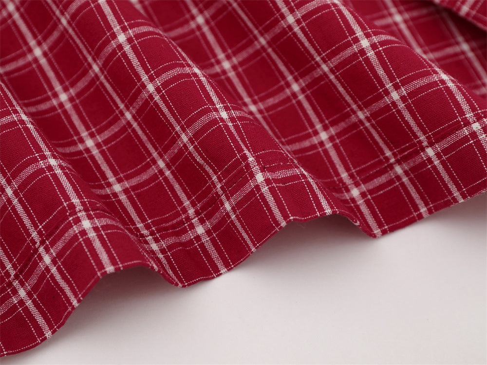 Red and Black Plaid Button-Up Shirt with Stars