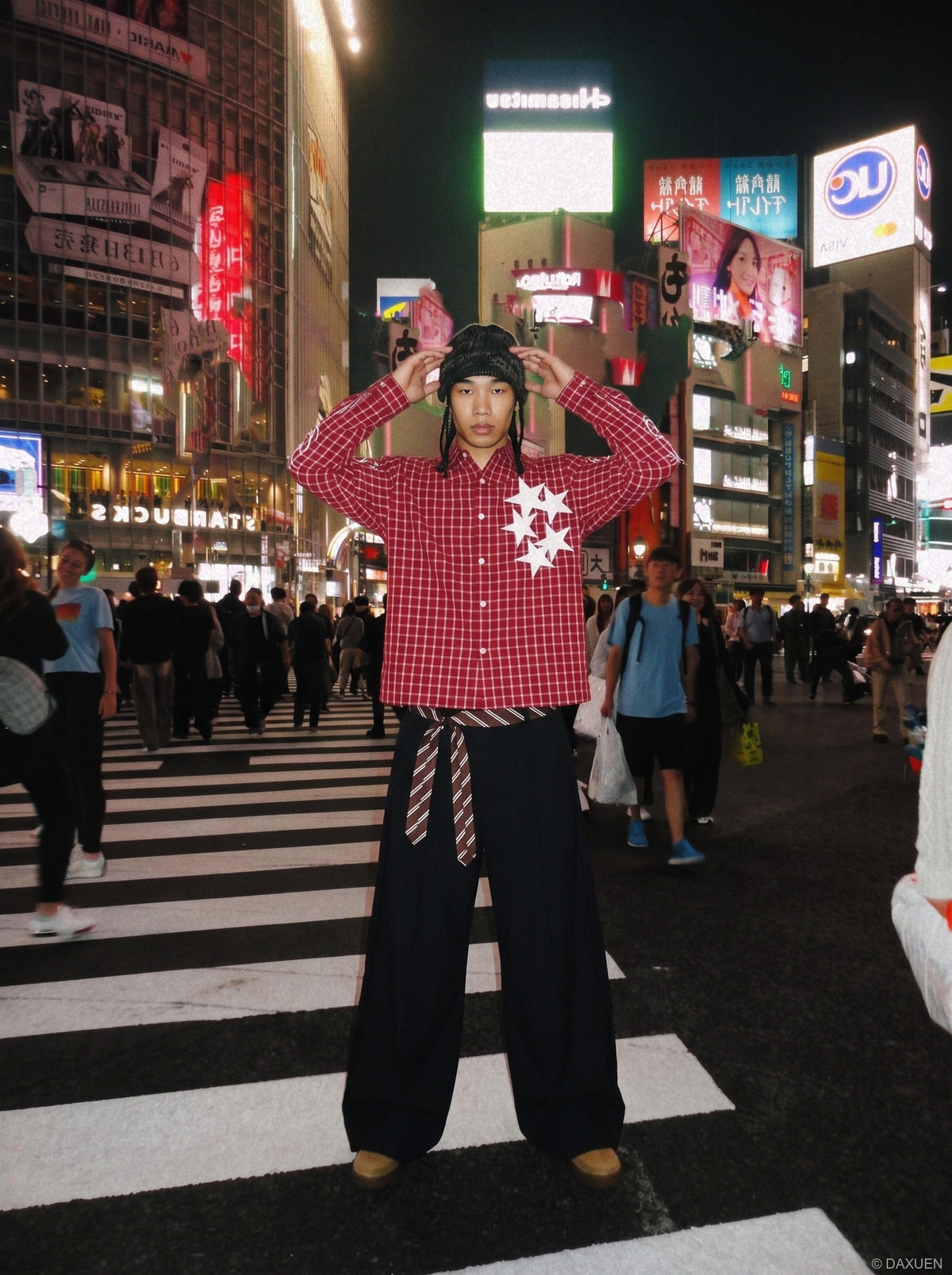 Red and Black Plaid Button-Up Shirt with Stars