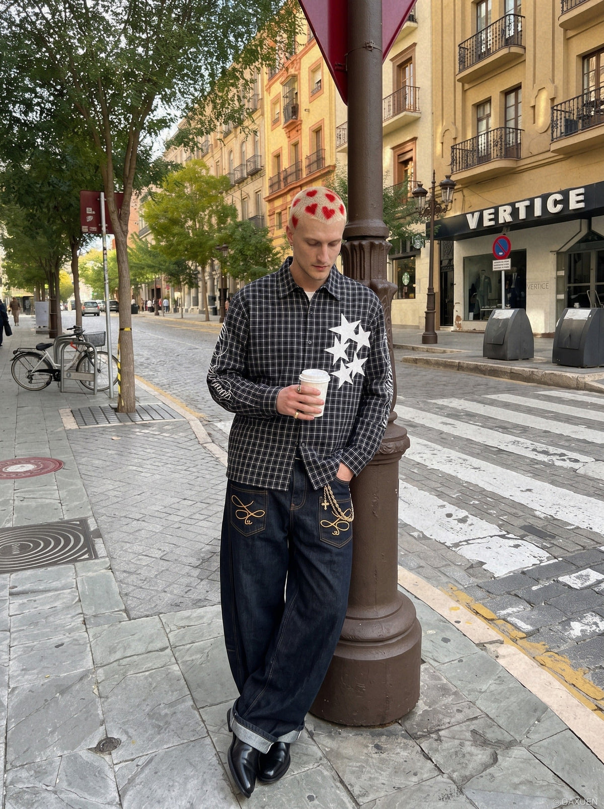 Red and Black Plaid Button-Up Shirt with Stars