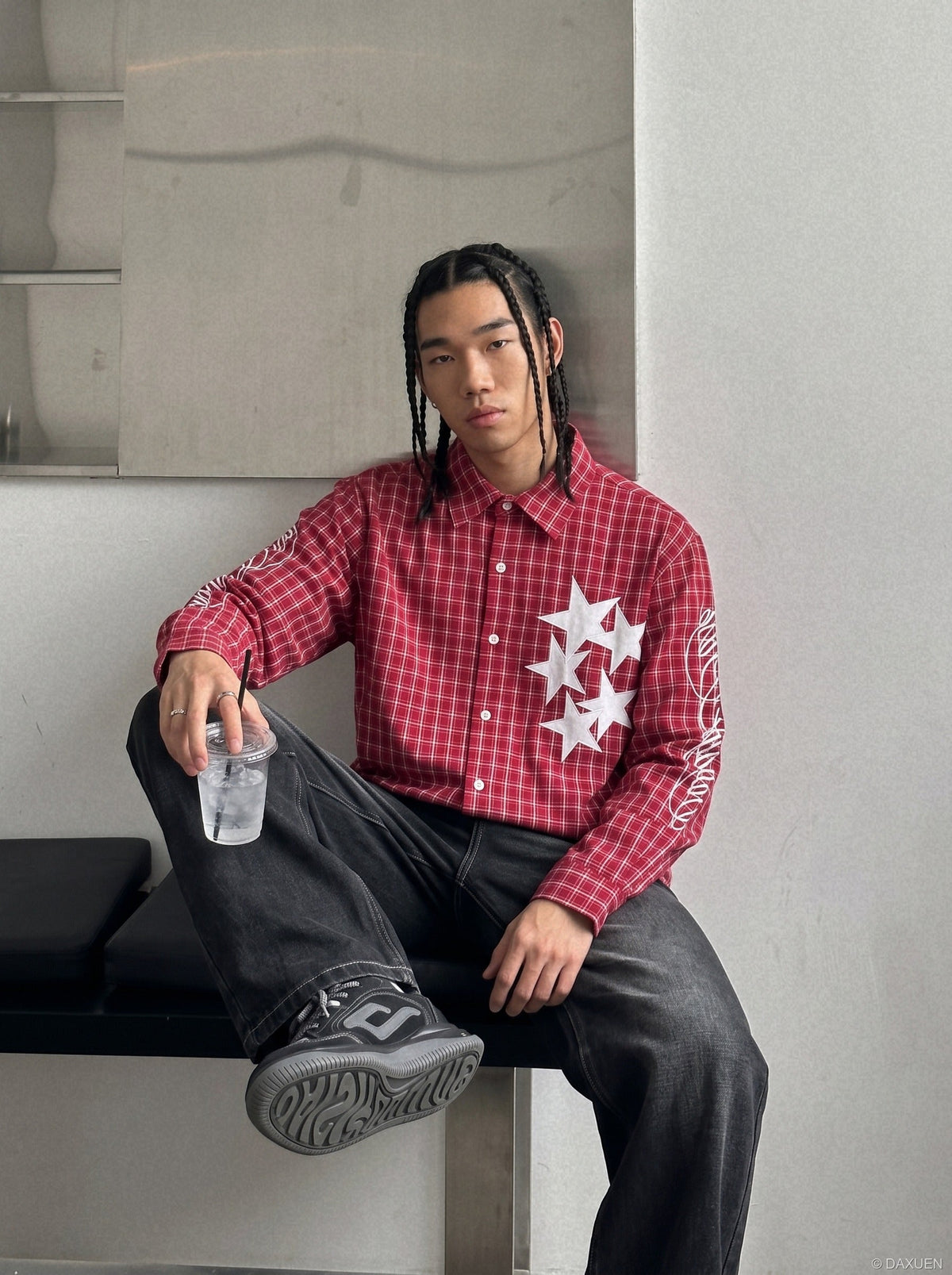 Red and Black Plaid Button-Up Shirt with Stars