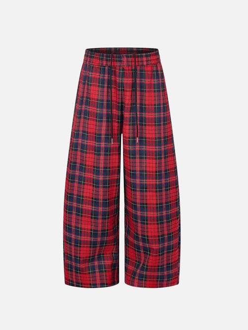 Red Plaid Wide-Leg Casual Pants - Red Checkered / S