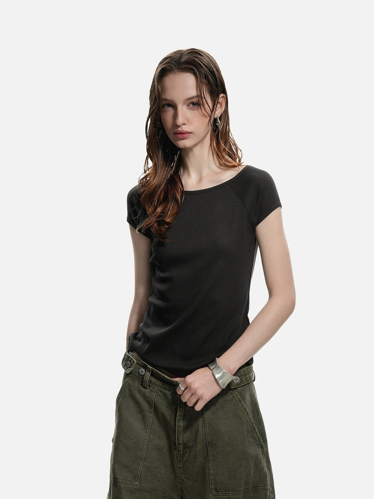 Ribbed Black Scoop Neck Tee