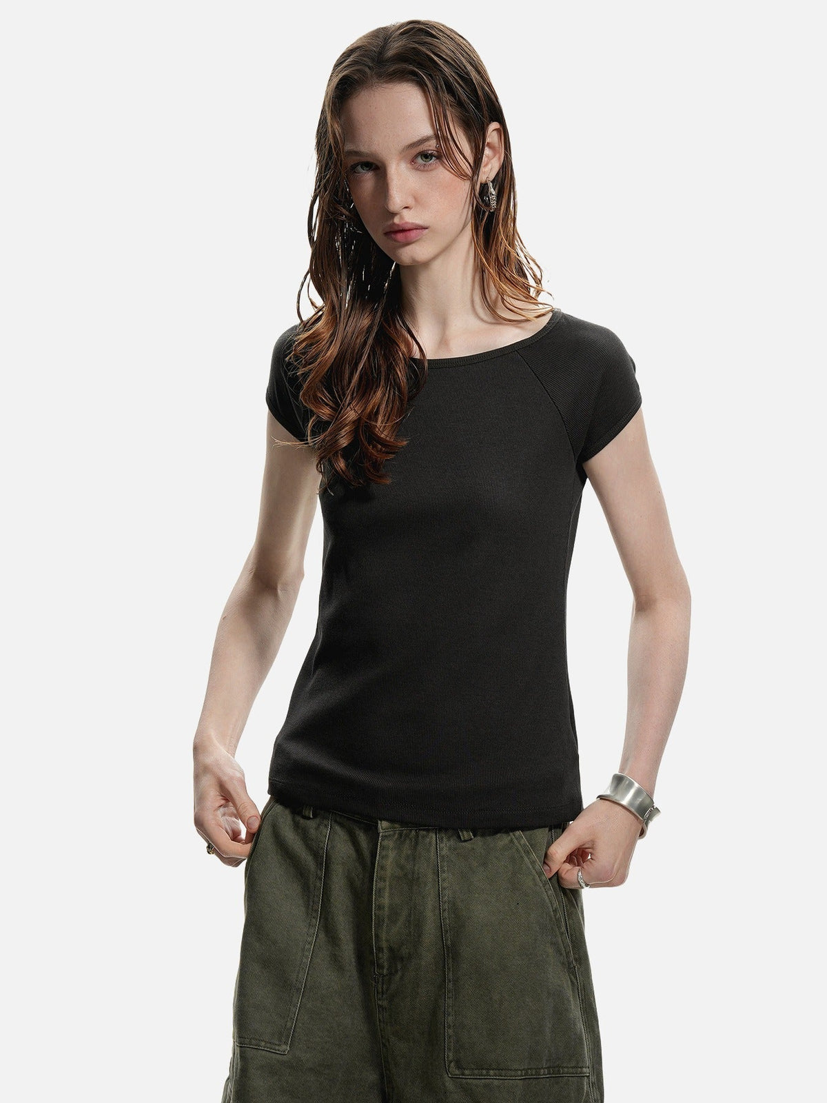 Ribbed Black Scoop Neck Tee