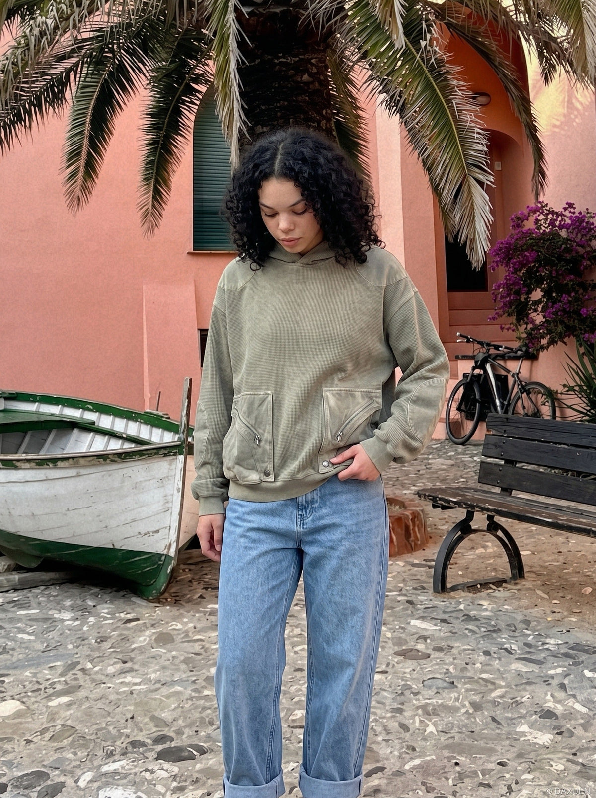 DAXUEN sage green oversized waffle knit hoodie — model photo