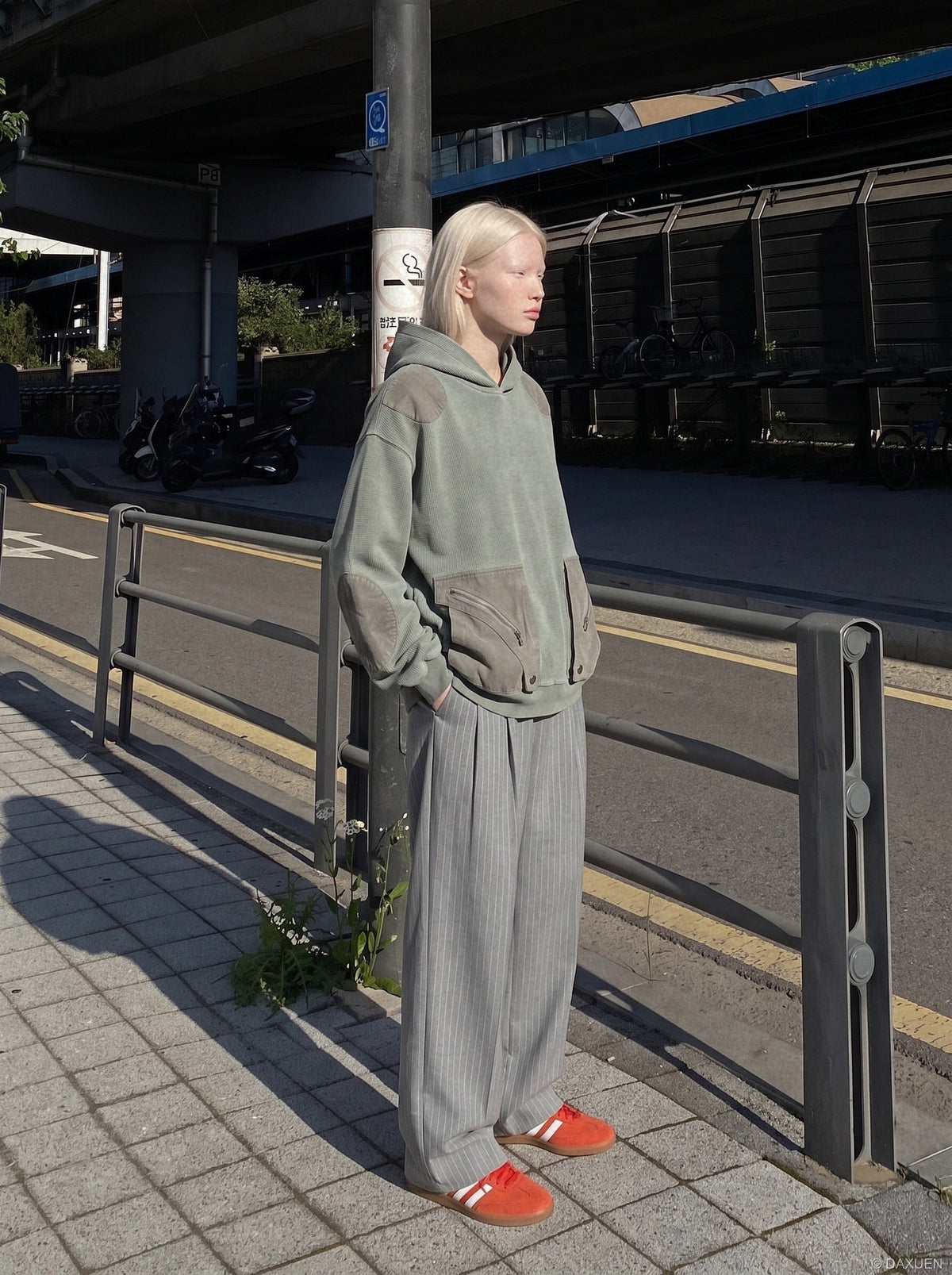 DAXUEN sage green oversized waffle knit hoodie — model photo
