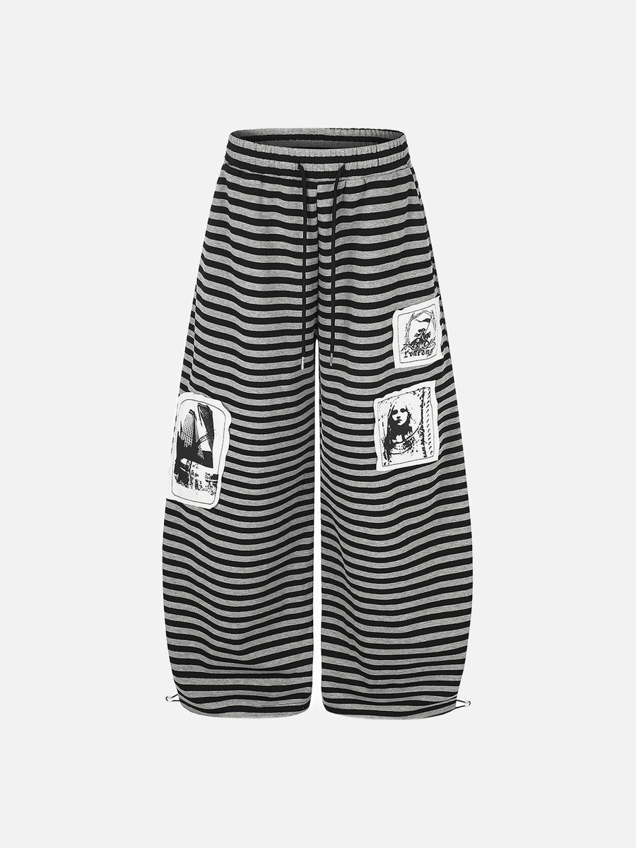 DAXUEN striped wide-leg pants with skull and structure patches