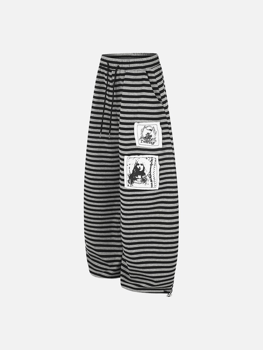 DAXUEN striped wide-leg pants with skull and structure patches